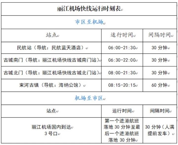麗江機場大巴時刻表